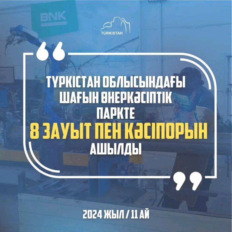 2024 ЖЫЛЫ ТҮРКІСТАН ОБЛЫСЫНДАҒЫ ШАҒЫН ӨНЕРКӘСІПТІК ПАРКТЕ 8 ЗАУЫТ ПЕН КӘСІПОРЫН АШЫЛДЫ