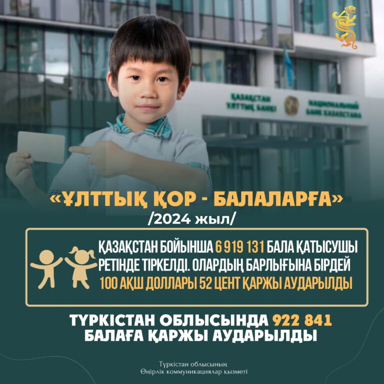 «ҰЛТТЫҚ ҚОР – БАЛАЛАРҒА»: ТҮРКІСТАН ОБЛЫСЫНДА 920 МЫҢНАН АСТАМ БАЛАҒА ҚАРЖЫ АУДАРЫЛҒАН